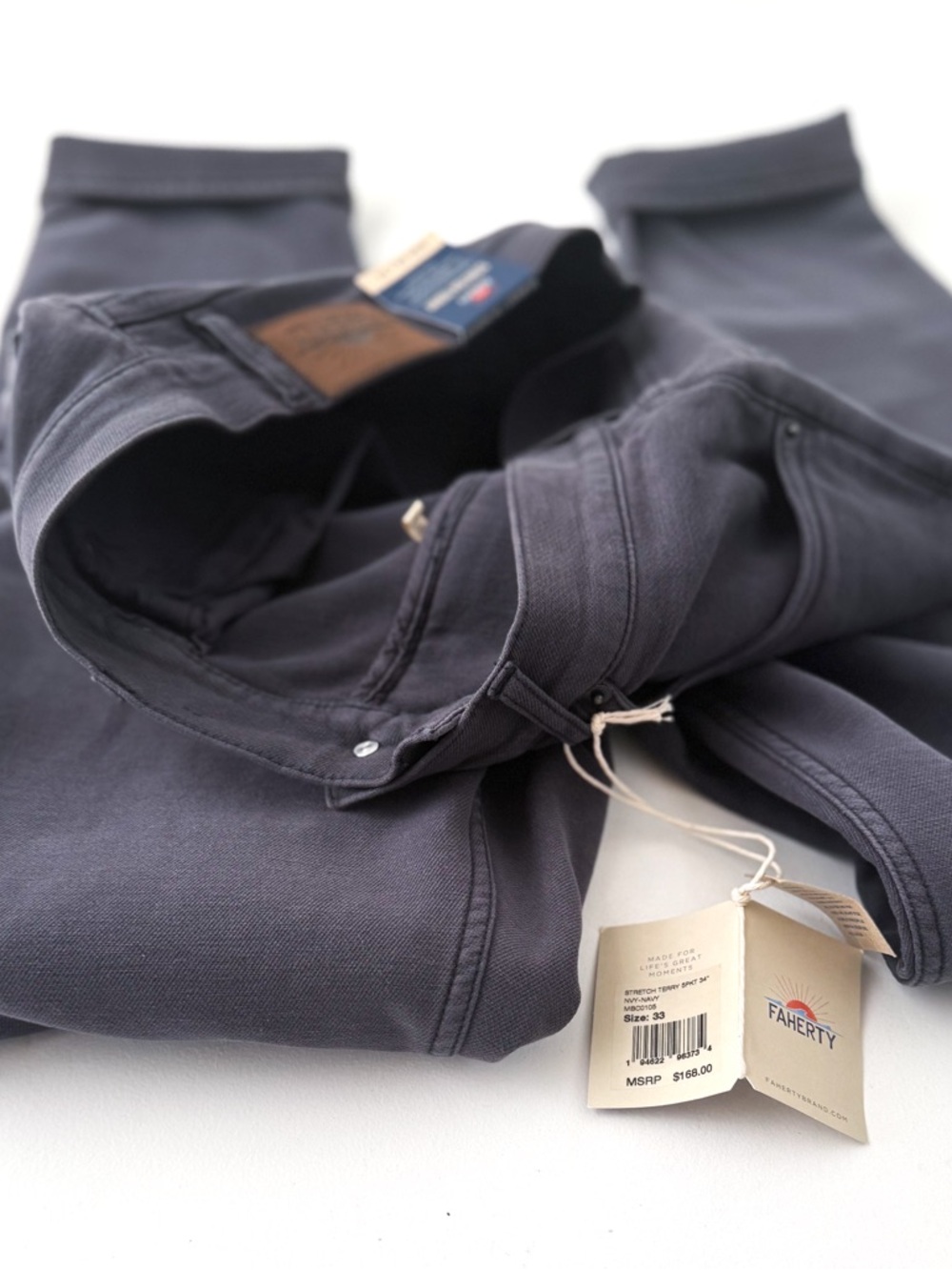 New Faherty Stretch Terry Five Pocket Pants Athletic Mens 33x34 New Blue Gray - Picture 11 of 13